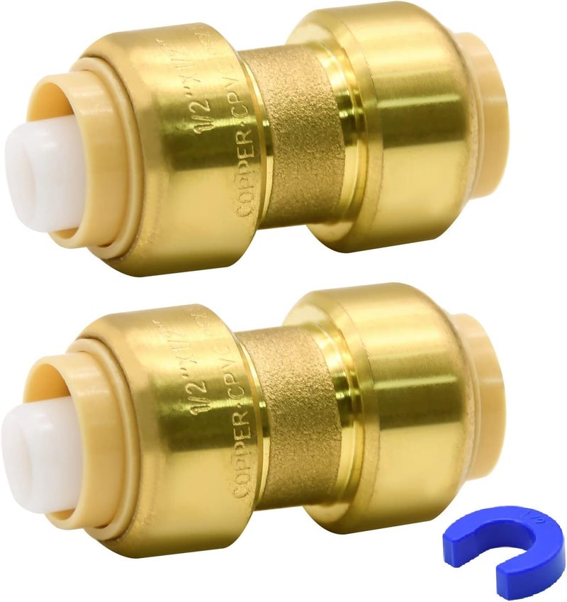 Ruby Q 2 Pack Push-to-Connect Plumbing Fittings, 1/2" Pushfit Straight Fittings with Disconnect Clip for Copper, PEX, CPVC Pipe - Image 1